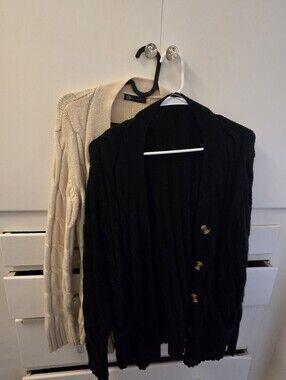 Two For One. Black and Cream Cable Knit Cardigan with Gold Buttons
